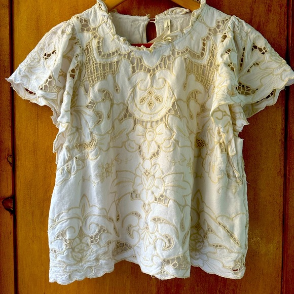 Anthropologie Tops - ANTHROPOLOGIE capped sleeve blouse cream w/ camel trim eyelet fabric. So cute!